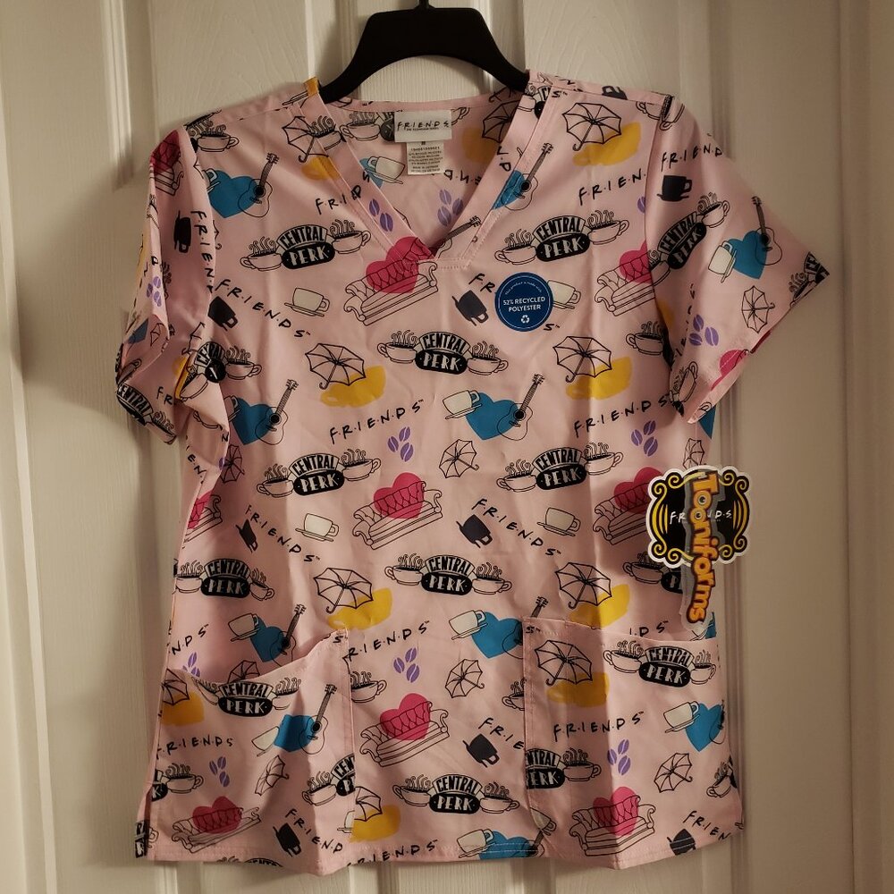 Friends Central Perk Pink Cherokee Scrub Top Medium Tooniforms V-Neck Shirt NWT